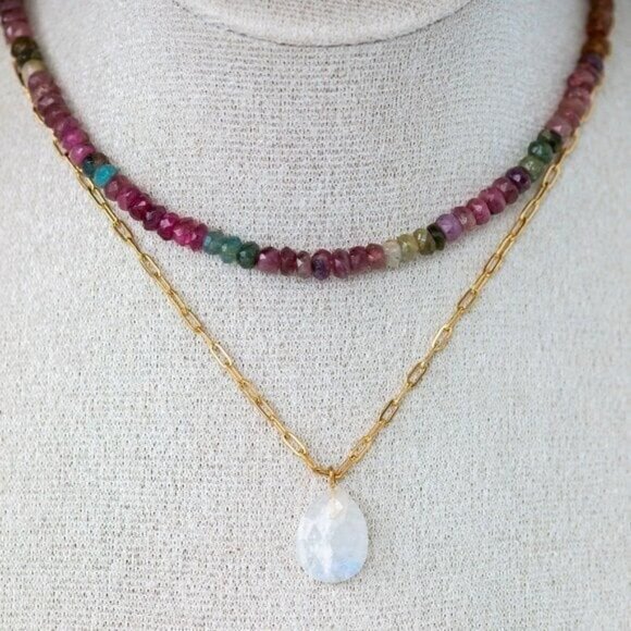 Rainbow Moonstone Pendant Necklace on Gold Paperclip Chain Waterproof Jewelry - Picture 6 of 9